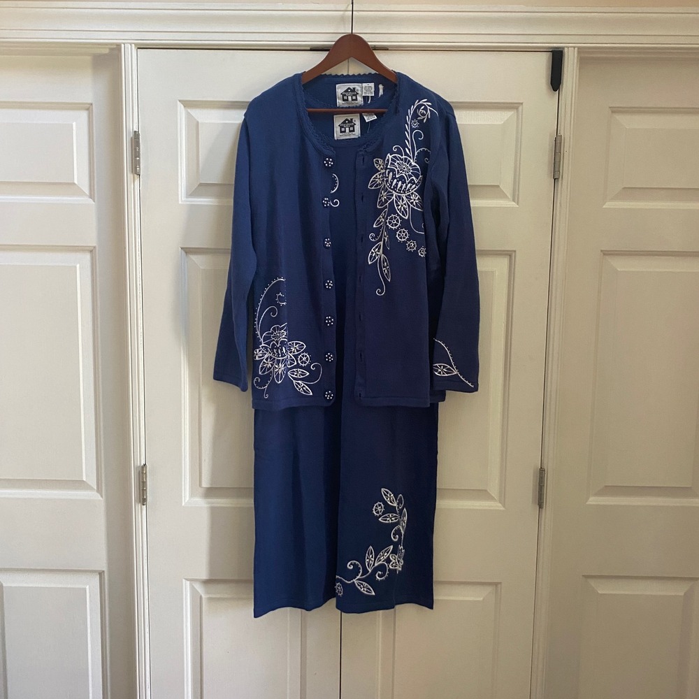 NWT Storybook Knits Dress Cardigan Set Women M Cotton Blue Floral Embroidery